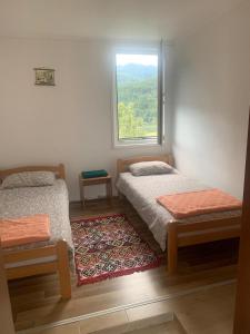 two beds in a room with a window and a rug at Породично газдинство Вучићевић Porodično gazdinstvo Vučićević in Bačevci