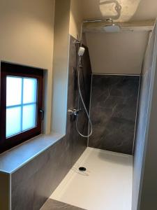 a shower stall in a bathroom with a window at Perlefien in Zottegem