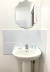 een badkamer met een wastafel en een spiegel aan de muur bij Town House, Метро Райымбек in Alma-Ata