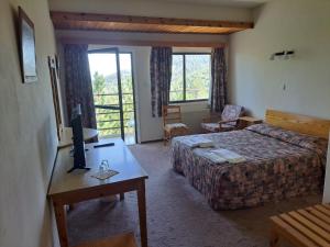 a hotel room with a bed and a desk with a television at Health Habitat Hotel & Slimming Resort in Pedoulas