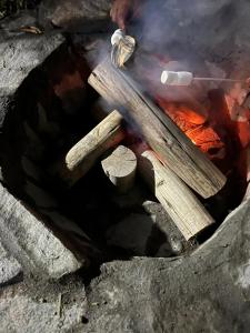 a fire pit with some logs and a fire at Casa camping san jerónimo in San Vicente de Cañete