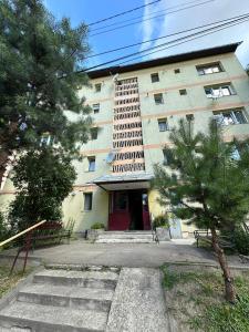a large building with a red door and a tree at Apartament Bogdan in Gura Humorului