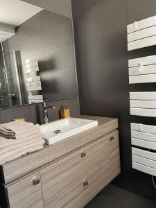 een badkamer met een wastafel en een spiegel bij Appartement Gérardmer in Gérardmer