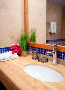 um balcão de casa de banho com um lavatório e um espelho em Hotel Posada La Mar em El Yaque