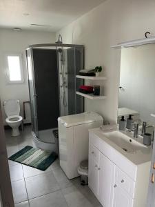 a bathroom with a shower and a toilet and a sink at Jolie petite maison 4-6 couchages in Auchy-les-Mines