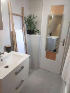 ein weißes Badezimmer mit einem Waschbecken und einem Spiegel in der Unterkunft Petite maison à Drancy in Drancy