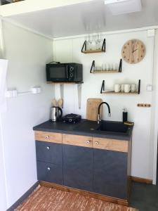a kitchen with a sink and a microwave at TinyHouse & Garden in Geceľ