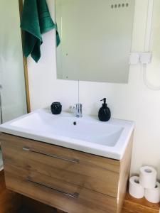 a bathroom with a sink and a mirror at TinyHouse & Garden in Geceľ