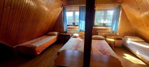 ザコパネにあるPokoje Zakopaneのベッド2台 ウッドウォールと窓が備わる客室です。