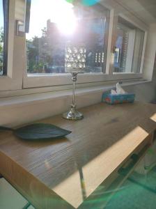a table with a wine glass and a window at Luxuriöses Penthouse mit Blick auf die UNO-City und dem Kaiserwasser. 3Schlafzimmer, 2 Bäder, privat Lift ins Apartment in Vienna
