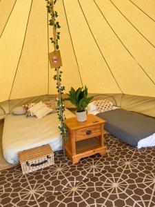 duas camas numa tenda com uma mesa e uma planta em Hawthorne Field - Shoreline Escapes em Bransgore