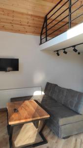 卡茲別吉的住宿－Cottage Milo Kazbegi，带沙发和木桌的客厅
