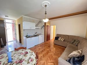 uma sala de estar com um sofá e uma cozinha em Bars Ap em Šušanj