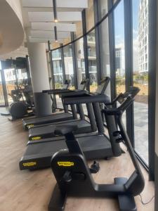 a row of treadmills in a gym with windows at Ellipse Waterfall luxurious unit in Midrand