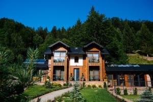 a house on the side of a hill with trees at Rita Art Chalet Voronet in Voroneţ