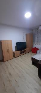 uma sala de estar com caixas e uma televisão de ecrã plano em Apartman Vanja em Paraćin