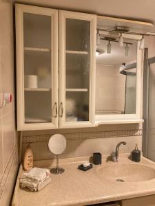 um balcão de cozinha com um lavatório e um espelho em Modern Studio Apartment with Garden em Ayvalık