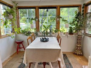 une salle à manger avec une table et des plantes dans l'établissement Holiday home HUDDINGE III, à Huddinge