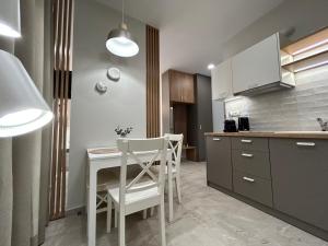uma cozinha com uma mesa e cadeiras numa cozinha em Armonía Small Luxury Apartments em Ierápetra