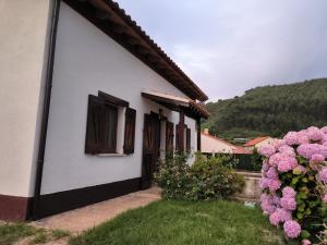 Uma casa branca com flores cor-de-rosa à frente. em Villa Elsa em San Juan de la Arena