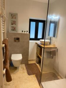 łazienka z toaletą i umywalką w obiekcie Bastide de la madeleine w mieście Pougnadoresse