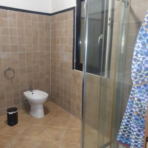 La salle de bains est pourvue de toilettes et d'une douche en verre. dans l'établissement b e b bascus argius, à Cagliari
