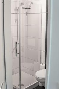 a bathroom with a glass shower with a toilet at Studio Apartment am Kurpark in Bad Segeberg