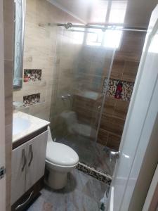 a bathroom with a shower and a toilet and a sink at Lujoso apartamento amoblado a tan solo dos cuadras del parque principal. in Santa Rosa de Cabal