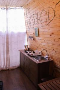 - une cuisine avec un évier et un mur en bois dans l'établissement Zoo park Ranč Aladin - Glamping apartment, à Mirna