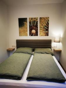 1 cama en un dormitorio con 3 pinturas en la pared en Jack's Apartment, en Werfenweng