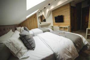 a hotel room with two beds and a television at Apartmanski smestaj King Bo in Niš