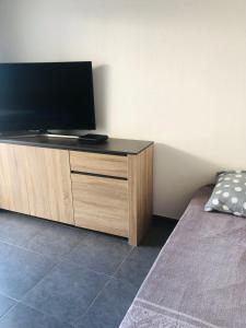 una TV a schermo piatto seduta sopra un armadio in legno di Large studio with private parking Vallauris a Vallauris