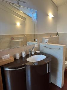 a bathroom with a sink and a large mirror at Bougainville in San Vincenzo