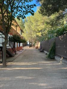 una calle vacía con árboles y una valla en Finca Los Molinos, en La Alameda de Cervera