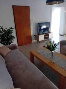 - un salon avec un canapé, une table et une télévision dans l'établissement Gemütliches Ferienhaus in Elsani, à Elshani
