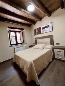 Un dormitorio con una cama grande y una ventana en Casa A Poza, en Samos