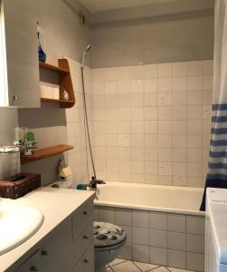 een badkamer met een wastafel, een toilet en een bad bij Green Square Grand Balcon LE LAC et centre ville à pied Annecy in Annecy