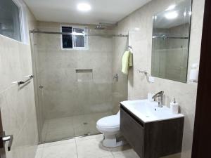 a bathroom with a shower and a toilet and a sink at Residencia Chamorro-Dorado in Quito