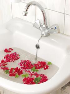 a white sink with red flowers in it at Kontonis Studios in Kypseli
