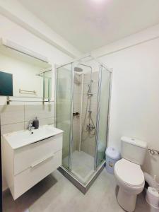 a bathroom with a shower and a toilet and a sink at Laguna Grey in Mangalia