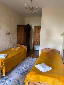 Habitación con 2 camas y lámpara de araña. en Hotel oraz domy - Kanu Club, en Nowy Zyzdrój
