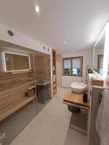 a bathroom with a shower and a toilet and a sink at kleine Schwarzwaldlodge in Efringen-Kirchen