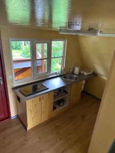 eine kleine Küche mit einem Waschbecken und zwei Fenstern in der Unterkunft Radi in Brocēni