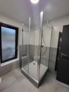 a glass shower in a bathroom with a window at Residenz 12 in Dinkelsbühl