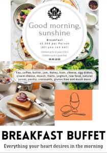 um panfleto para o buffet de pequeno-almoço com pratos de pequeno-almoço pela manhã em Alpenpension Gasthof em Ratten