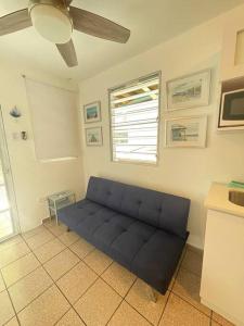 法哈多的住宿－Beach Front Apartments Seven Seas，客厅设有蓝色的沙发,配有天花板