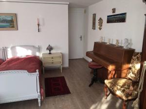 Brügg的住宿－Double room in nice house near the forest (basement floor)，一间卧室配有钢琴、一张床和一把椅子