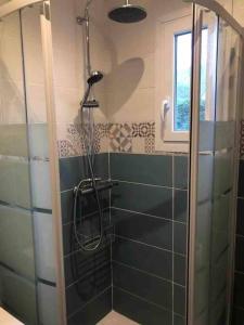 ein Badezimmer mit Dusche mit Glastür in der Unterkunft La maison bleue in Barneville-Carteret