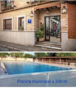 two pictures of a building and a swimming pool at Hostal Tic-Tac in Mocejón