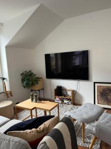 ein Wohnzimmer mit einem Sofa und einem Flachbild-TV in der Unterkunft Skøn centralt beliggende lejlighed m.tagterrasse in Herning